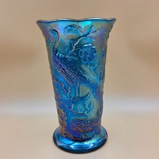 Fenton Collectors Club Aqua Blue Carnival Glass Peacock Footed Vase picture