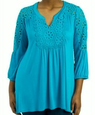RXB Woman's Plus 2X Turquoise Long Sleeve Embroidered Split Neck Tunic Top NWT $ picture
