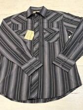 Wrangler Western Snap Shirt Mens Medium Black Gray Striped Long Sleeve Cowboy picture