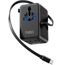 Ceptics GAN 100W Universal Travel Adapter with Retractable USB-C Cable, 2X US... picture