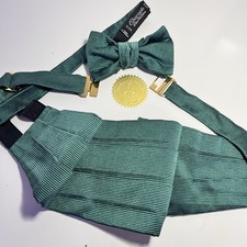CHARVET Place vendome RARE Solid Green Woven Silk Repp Cummerbund &Bow Tie NWOT picture