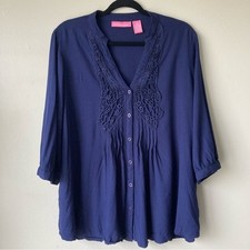 Woman Within Navy Blue Crochet Lace Trim Pintuck Rayon 3/4 Sleeve Blouse L picture