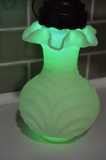 Vintage Fenton Custard Satin Ruffled Top Swirl Green Vase 8