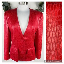 Vintage Adele Simpson Evening Blazer Jacket US 10 Snakeskin Jacquard Red 80s 90s picture