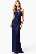 ROMY Scala Navy Silk Beaded Art Deco Lattice Formal Gown Dress L 10/12 VTG 90s picture