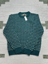 L.L.Bean Birdseye Sweater Mens Medium Green White Wool Knit Pullover New  picture