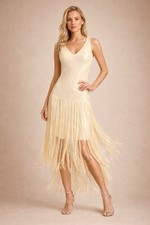 Jewel By Badgley Mischka Fringe Sequin Dress Size 12 Ivory Gatsby Cocktail NWT picture