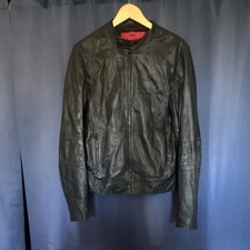 HUGO Boss Men’s Black Leather Biker Jacket Full Zip Band Collar Logo Accent picture