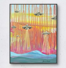 JANICEART Original UFO Invasion Sci-Fi 11x14 Abstract Acrylic Canvas Wall Art picture