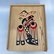 Haida Gwaii Native Cedar Wood Thunderbird Symbol Storage Painted 12” Trinket Box picture