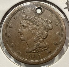 1851 Braided Hair Half Cent US 1/2C Copper Coin - XF Detail Holed (U426) picture