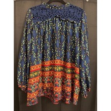 Suzanne Betro Boho Floral Border Navy Cotton Skirt with Lace Yoke Sz L picture