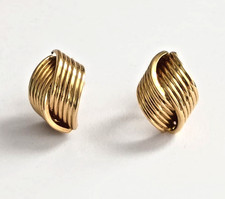Vintage 14K Solid Yellow Gold Italian Ribbed Crossover Half Hoop Earrings-2.176g picture