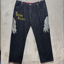 Crown Holder Mens Black Denim Embroidered Wings Face Jeans Size 42x30 HipHop Y2K picture