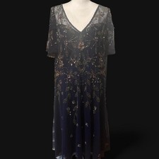 Adrianna Papell Navy Blue Floral Maxi Dress Size 18 Flutter Sleeve Formal Gown picture