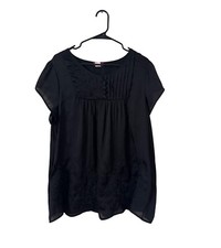 Libian USA Black Short Sleeve Pleated Bib Embroidered Boho Blouse Top Flowy picture