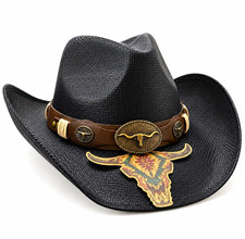 Black Western Cowboy Hat Longhorn Skull Buckle Southwestern Rodeo Style picture