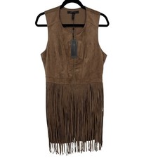 BCBGMAXAZRIA Hamiin Faux Suede Fringe Dress Lt Mocha Brown Festival Boho Size 12 picture