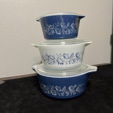 Vintage Pyrex Colonial Mist Blue Cinderella Casserole Pan Set 473 474 475 Lid picture
