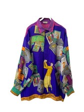 Vtg Versace Sport Golf Book Print Silk Shirt L XL Baroque Pop Art Purple#c3 picture