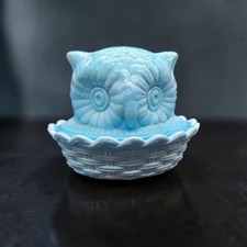 Vintage Westmoreland Blue Marble Slag Glass Owl On Nest Lidded Dish Rare No Chip picture
