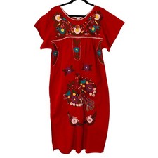 Vintage Traditional Mexican Midi Dress Puebla Oaxacan Embroidery Red Flowers M picture