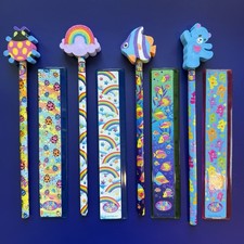 4 Vintage Lisa Frank Pencils W/ Eraser Toppers and Matching Rulers 90's NEW picture