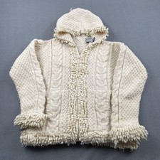 Vintage Sisandina Ecuador 100% Wool Hooded Cable Knit Cardigan Cream Womens M picture