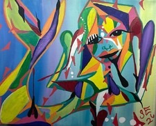 Abstract Art Original Signed Acrylic Mermaid Canvas Painting  Cubist Modern picture
