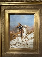 19th C Continental School Cavalry Bugler Battle Scene Oil on Mahogany Panel picture