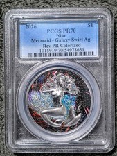 PCGS 2026 Niue Mermaid Galaxy Swirl Ag PR70 1ozSilver RevPR Colorized ULTRA H. R picture