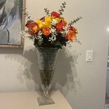 18” Vintage Pressed Glass Pedestal Vase – Crystal Diamond Cut Trumpet Piece picture