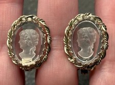 Vintage Reverse Carved Glass Crystal Lady Intaglio Cameo Clip-On Earrings picture