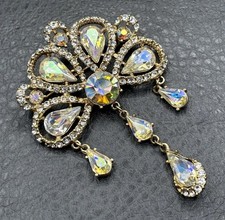 Vintage Aurora Borealis Crystal Rhinestone Bow Brooch Dangle READ Gold Tone picture
