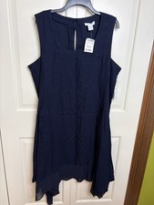 NWT Cynthia Rowley Navy Blue Asymmetrical Hem Linen Blend Dress Women 1X picture