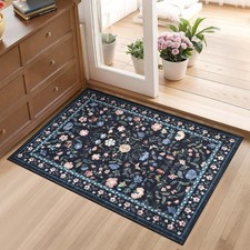 2x3 Washable Floral Rug for Entryway Non-Slip Dark Grey Blue picture