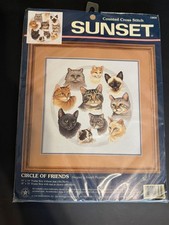 Vtg Sunset Dimensions Circle of Friends Cats Counted Cross Stitch Kit 13628 picture