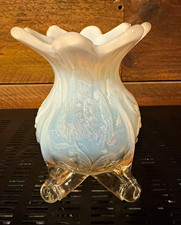 Antique Northwood Dugan Inverted Fan & Feather Blue Opalescent Footed Vase EAPG picture