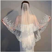 Yalice Women's Sequins Edge Bride Wedding Veil Fingertip Length Two-Tier/2T Lace picture