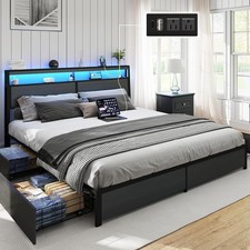 Queen Size LED Bed Frame with Storage Headboard and 4 Drawers Charging Station picture