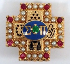 Vtg Sigma Pi Fraternity 5.5g SOLID 13k Yellow Gold Seed Pearl Ruby Enamel Pin picture