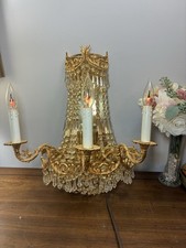Vintage MCM Gilded Brass&Crystal Waterfall Sconce 3 Light Made In Spain Works  picture
