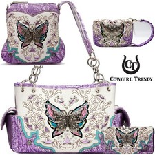 Butterfly Handbag Western Purse Women Shoulder Bag Crossbody Wallet Set Purple picture