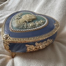 Sankyo Musical Jewelry Box Heart Blue Enamel Gold Cameo Pearl Vintage Japan picture