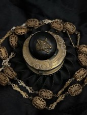 Antique 1890s Whitby Jet & Brass Wolf Head Button Snarling Werewolf Sporting picture