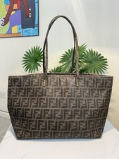 Fendi Roll Tote Bag Zucca Monogram FF Canvas Brown Leather Handbag Shopper picture