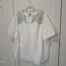 Talbots Plus Womens 2X White Green Embroidered Cotton Peasant Blouse Top picture
