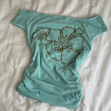 Vintage Y2K Sky Blue Asymmetrical Top Green Floral Beading Skew Neck (Regular) picture