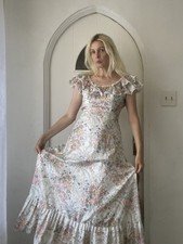 Vintage Handmade Floral Cotton Lace Detail Ruffle Back Zip Maxi Dress X/S picture