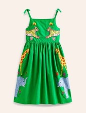 Mini Boden Girls Toddler Safari Cotton Green Applique Dress, Size 4/5Y picture